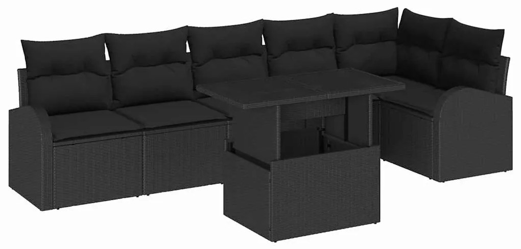Conjunto de Sofás de Jardim de 7 Peças com Almofadas em Vime Preto