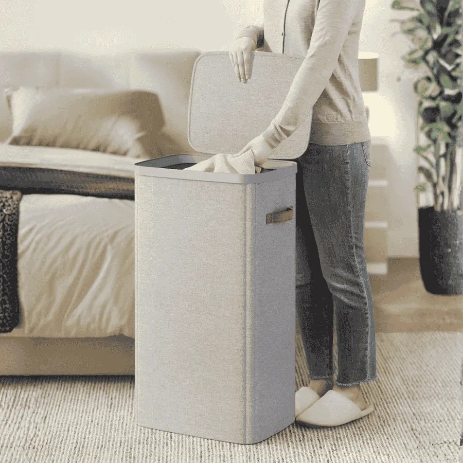 Cesto para roupa suja prático com compartimentos e tampa 56 x 40 x 75 cm cinzento