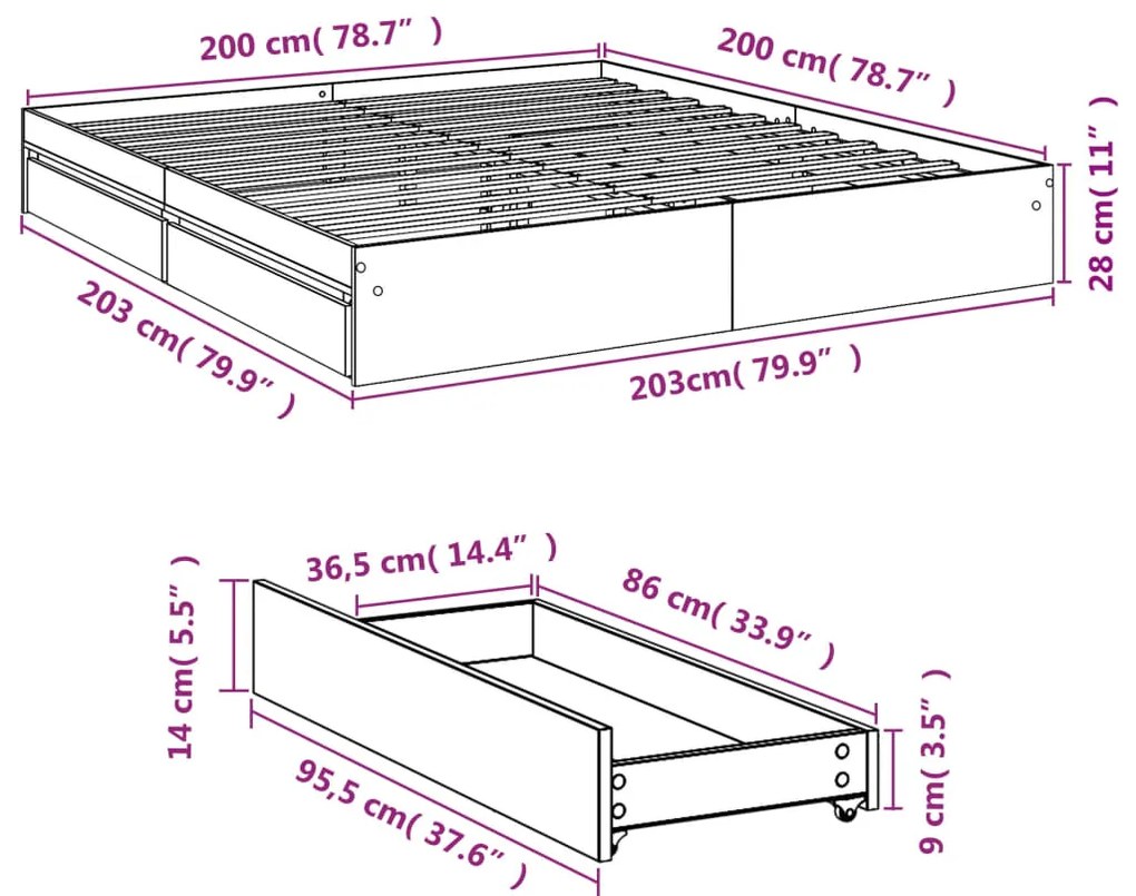 Estrutura de cama c/ gavetas 200x200cm derivados madeira branco