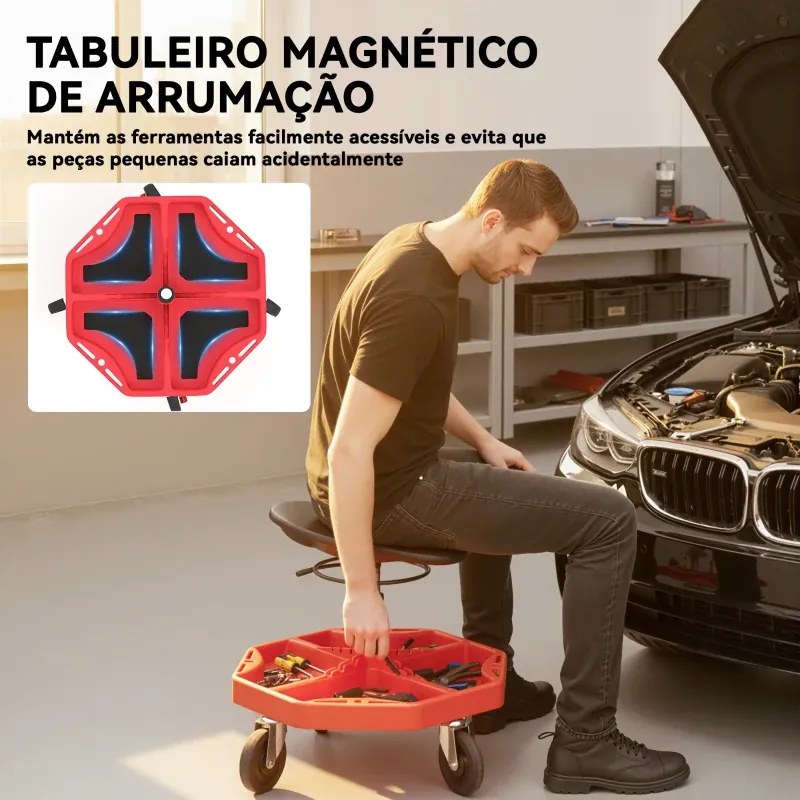 Banco de Oficina Móvel com Bandeja Magnética Altura Ajustável de 52–59,5 cm Carga 135 kg Banco para Mecânico com Rodas para Garagem Reparação de Autom