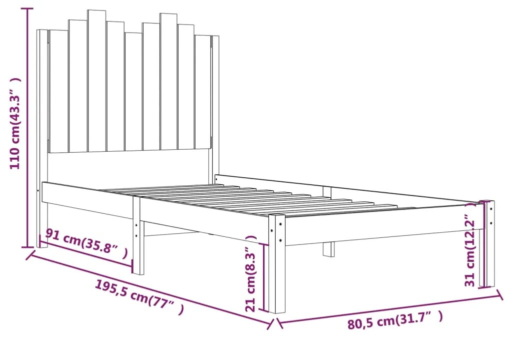 Estrutura de cama pequena solteiro 75x190cm pinho maciço branco