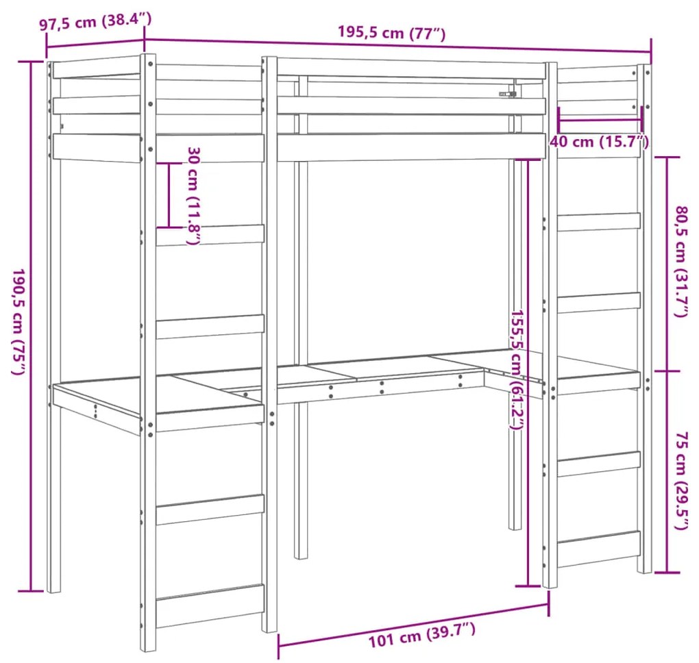 Cama alta sem colchão 90x190 cm pinho maciço