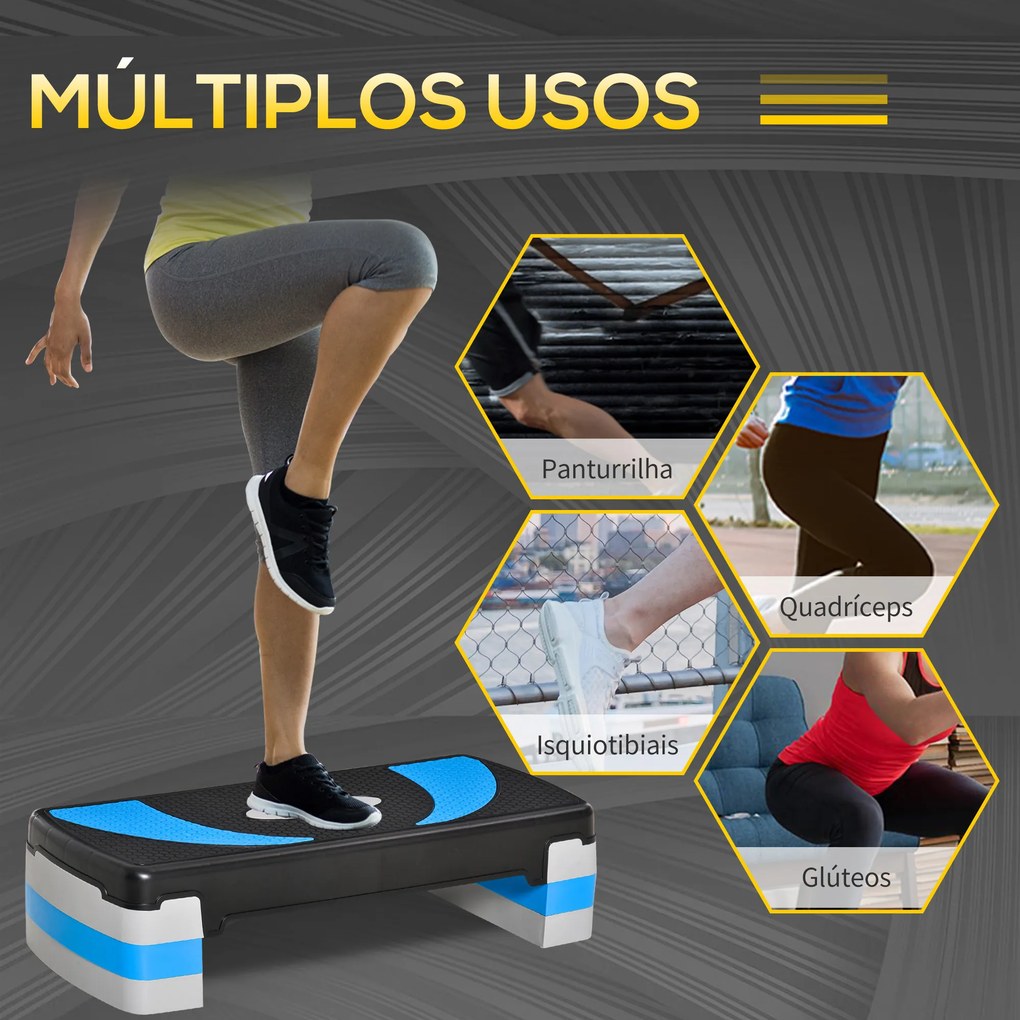 Step para Exercício Aeróbico Plataforma Step com Altura Ajustável em 3 Níveis com Carga Máxima 150kg para Exercício em Academia Casa 80x31x10-20cm Azu