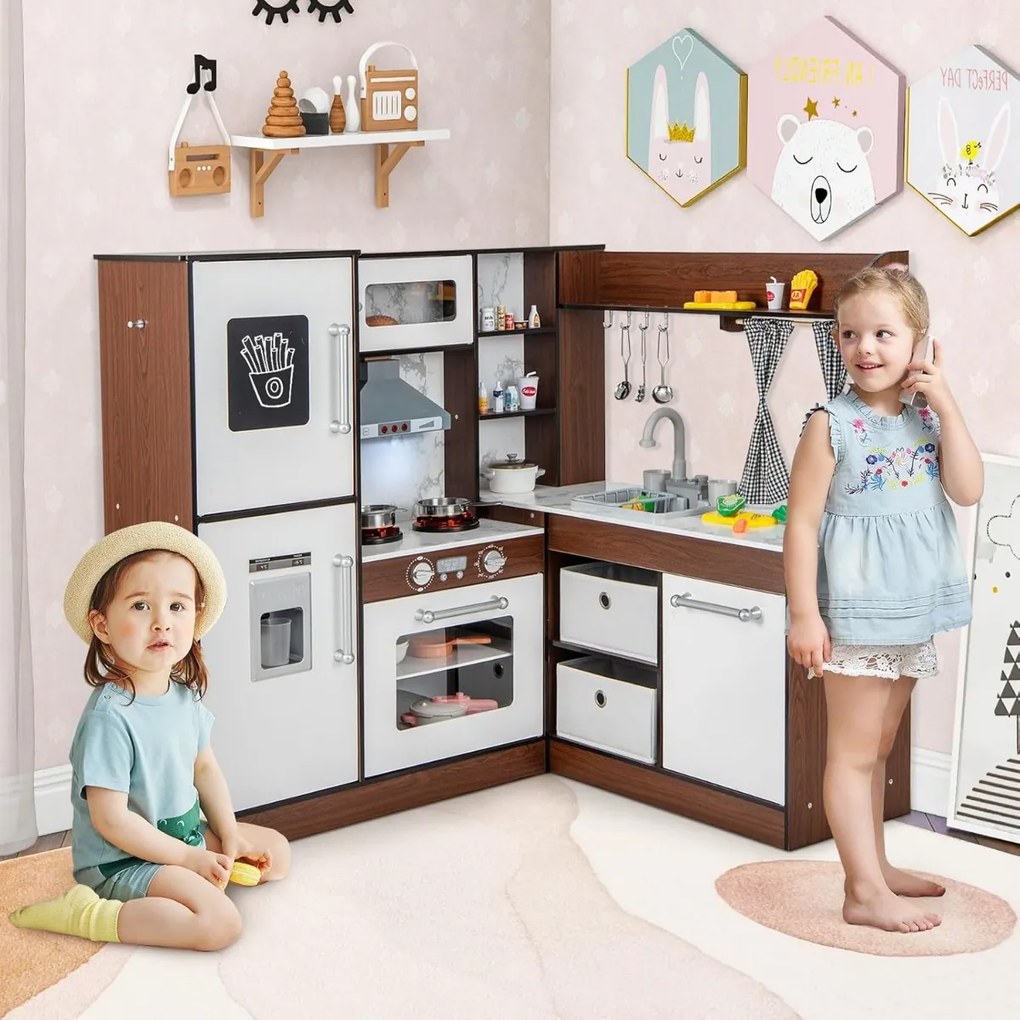 Cozinha de brincar 100 x 88 x 97 cm de canto com luzes e sons Sistema de água Cortinas e cestos Armazenamento e acessórios Café