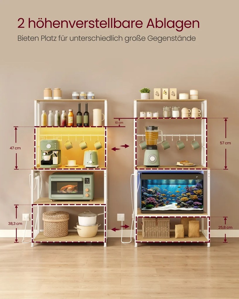 Armário de cozinha com iluminação e 3 tomadas, 1 porta USB-A e 1 porta USB-C 40 x 80 x 168,4 cm Branco e natural