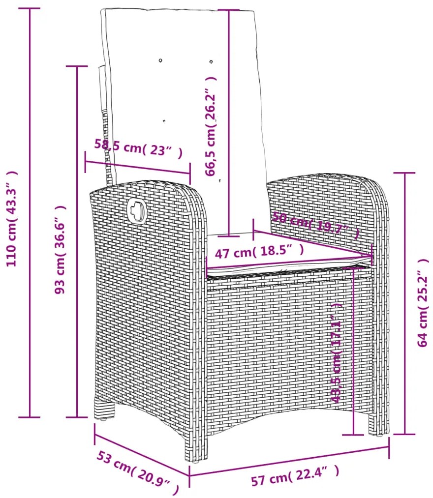 3 pcs conjunto de jantar p/ jardim com almofadões vime PE bege