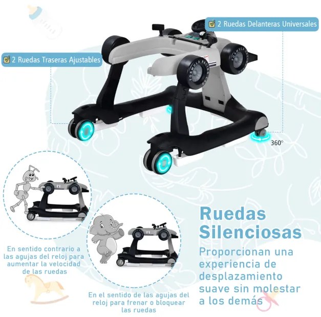Andador 4 em 1 para crianças, dobrável, atividade de empurrar, com altura ajustável e carrilhão de velocidade com luzes, volante Cinzento