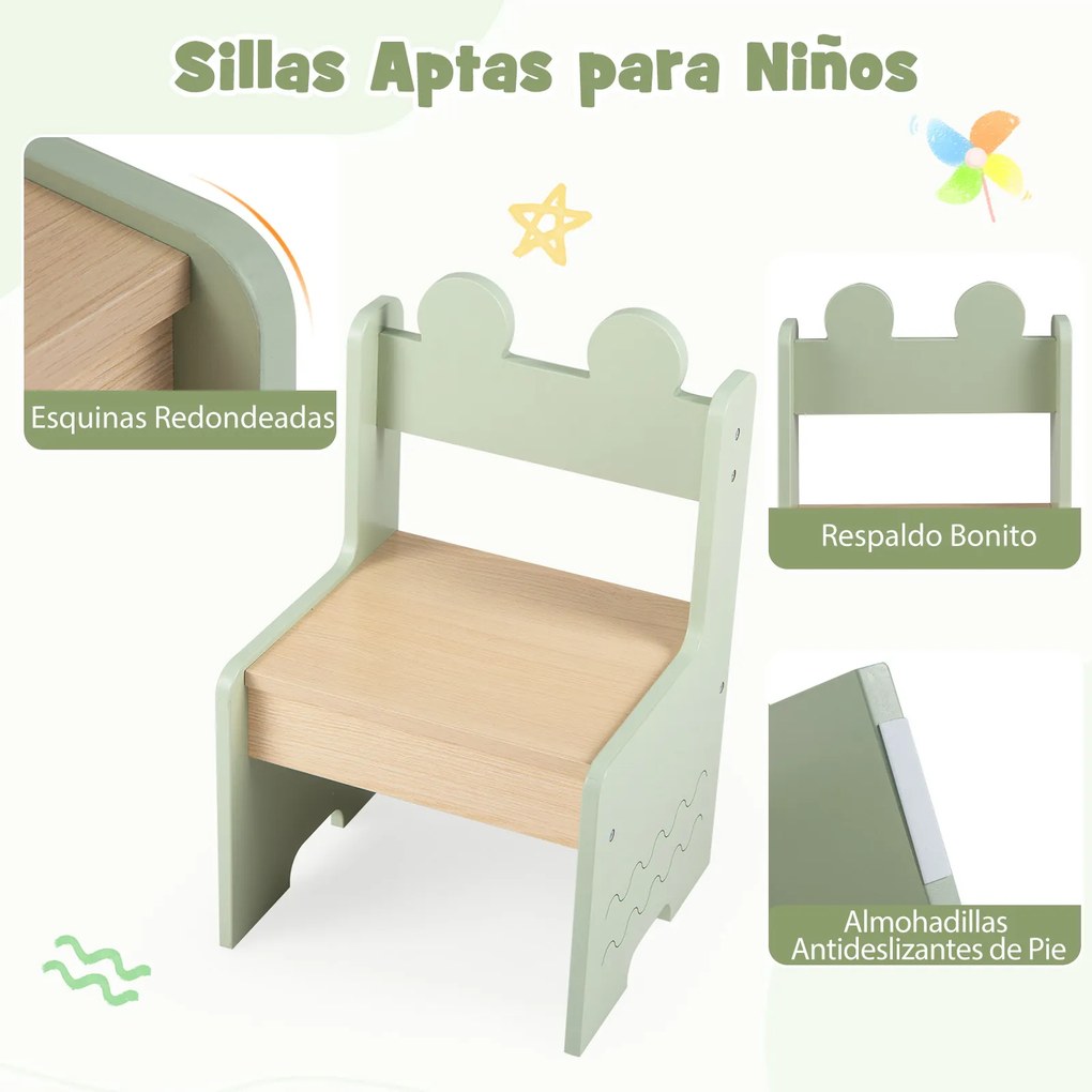 Conjunto de mesa e 2 cadeiras infantis, mesa de atividades com gavetas, tecido, dobrável, compartimentos de arrumação para crianças a partir dos 3 ano