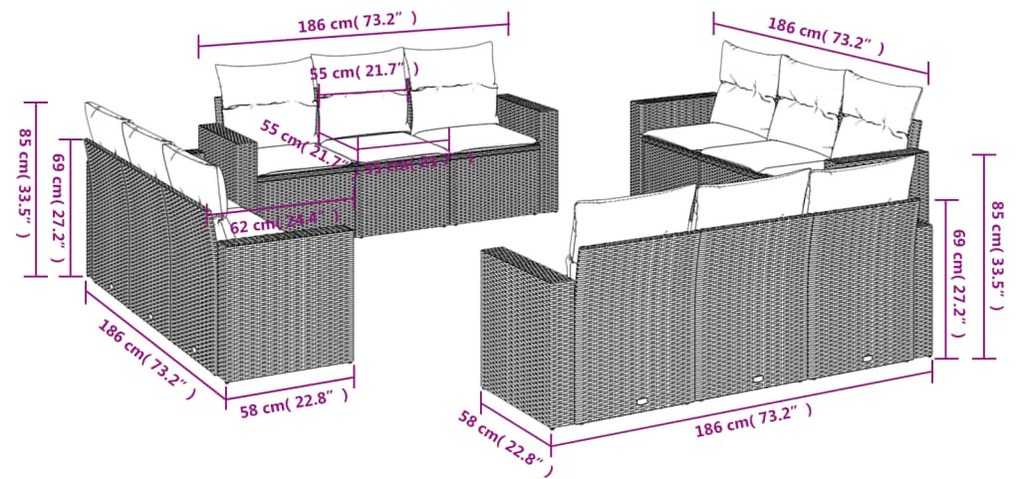 12 pcs conjunto de sofás de jardim c/ almofadões vime PE preto