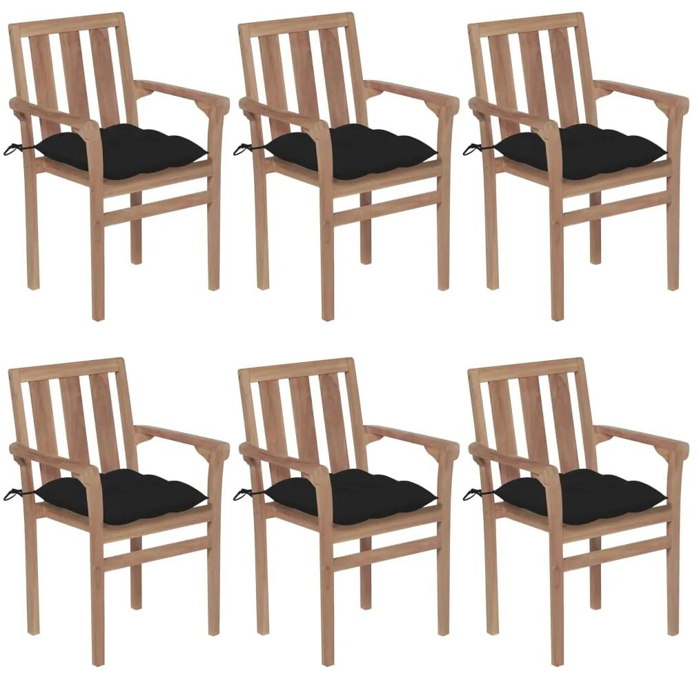 Cadeiras de jardim empilháveis c/ almofadões 6 pcs teca maciça