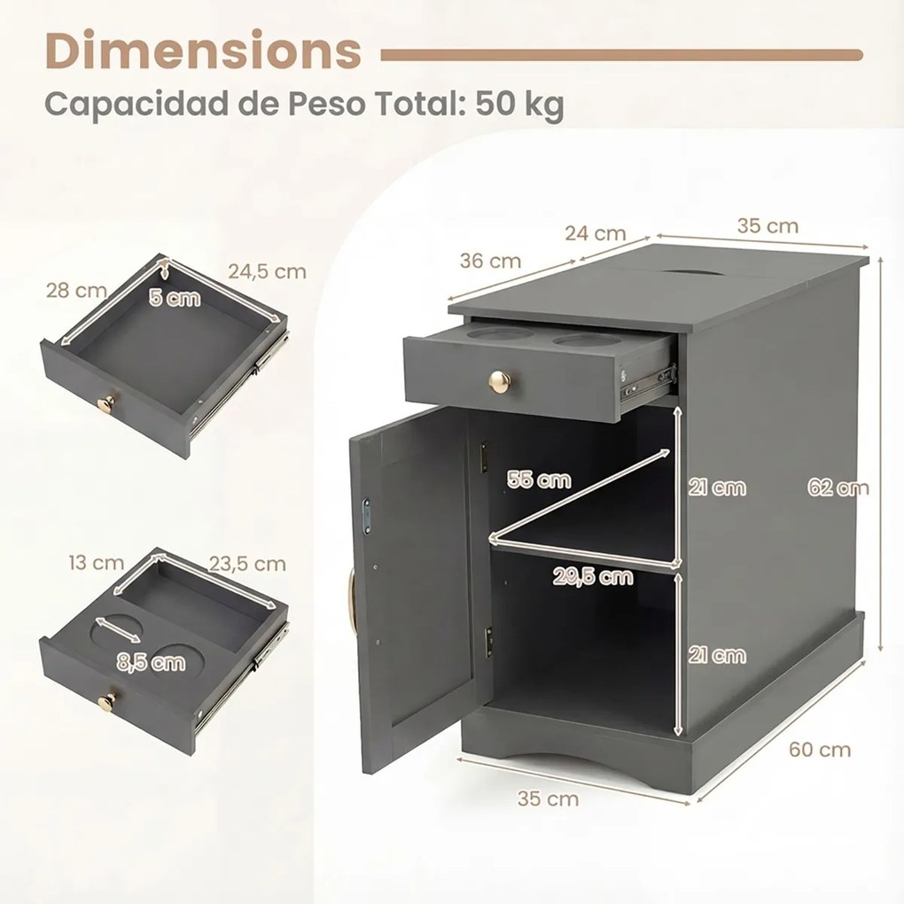 Conjunto de 2 mesas de cabeceira, mesa apoio 35 x 60 x 62 cm com estação de carregamento com gaveta Cinza