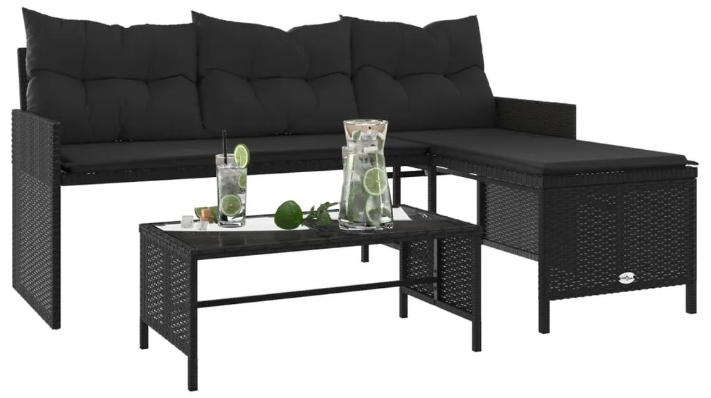 Sofá de jardim em forma de L c/ mesa e almofadões vime PE preto