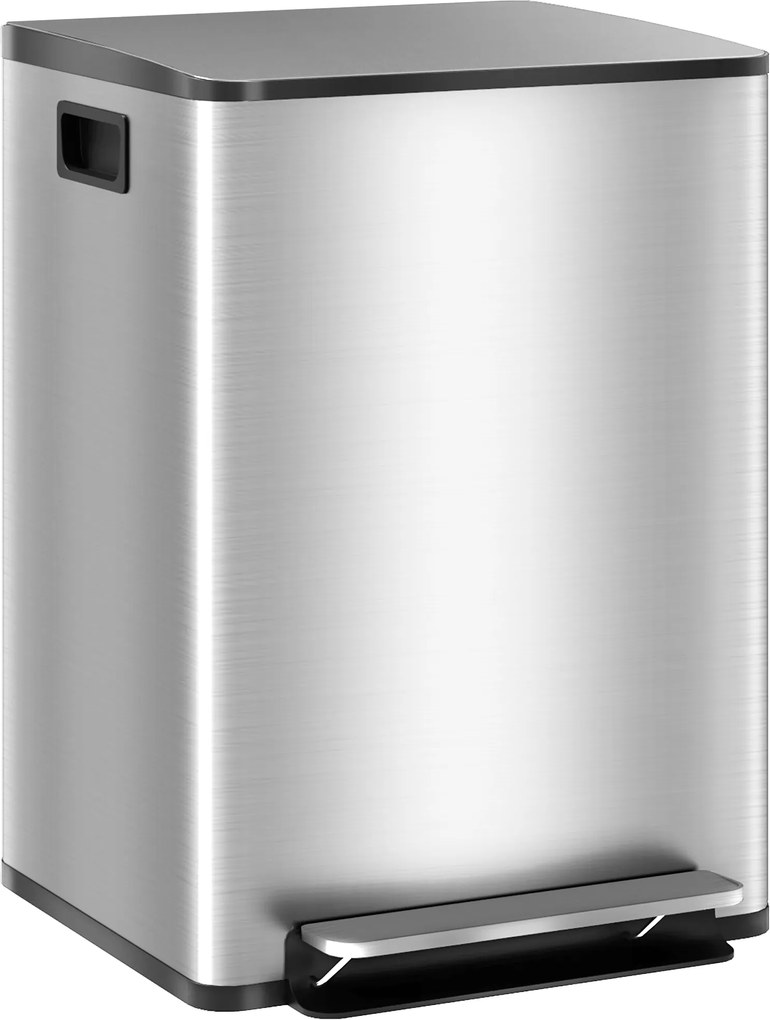 Caixote do lixo de cozinha com 2 compartimentos de 2 x 20 L, com pedal, em aço inoxidável, tampa com fecho suave