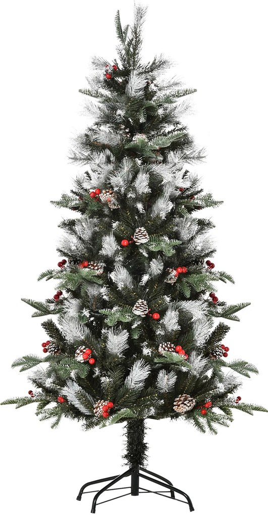 HOMCOM Árvore de Natal Artificial 150cm com 440 Ramas 39 Pinhas e 39 Frutinhas Folhas de PVC PE Base Dobrável e Suporte Metálico Decoração de Natal para Interiores Verde