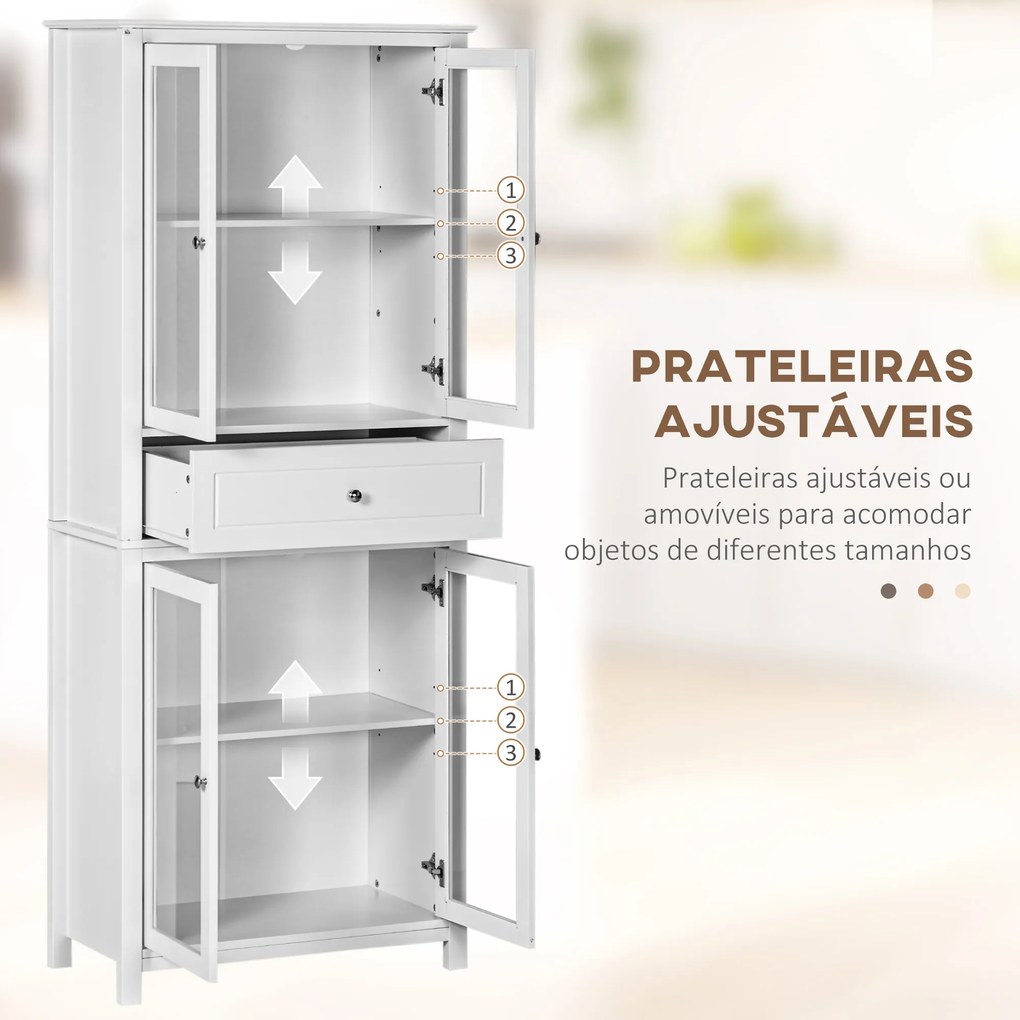 Armário de Cozinha com 4 Portas de Vidro Temperado Gaveta e Prateleiras Ajustáveis 74x35,5x181,5 cm Branco