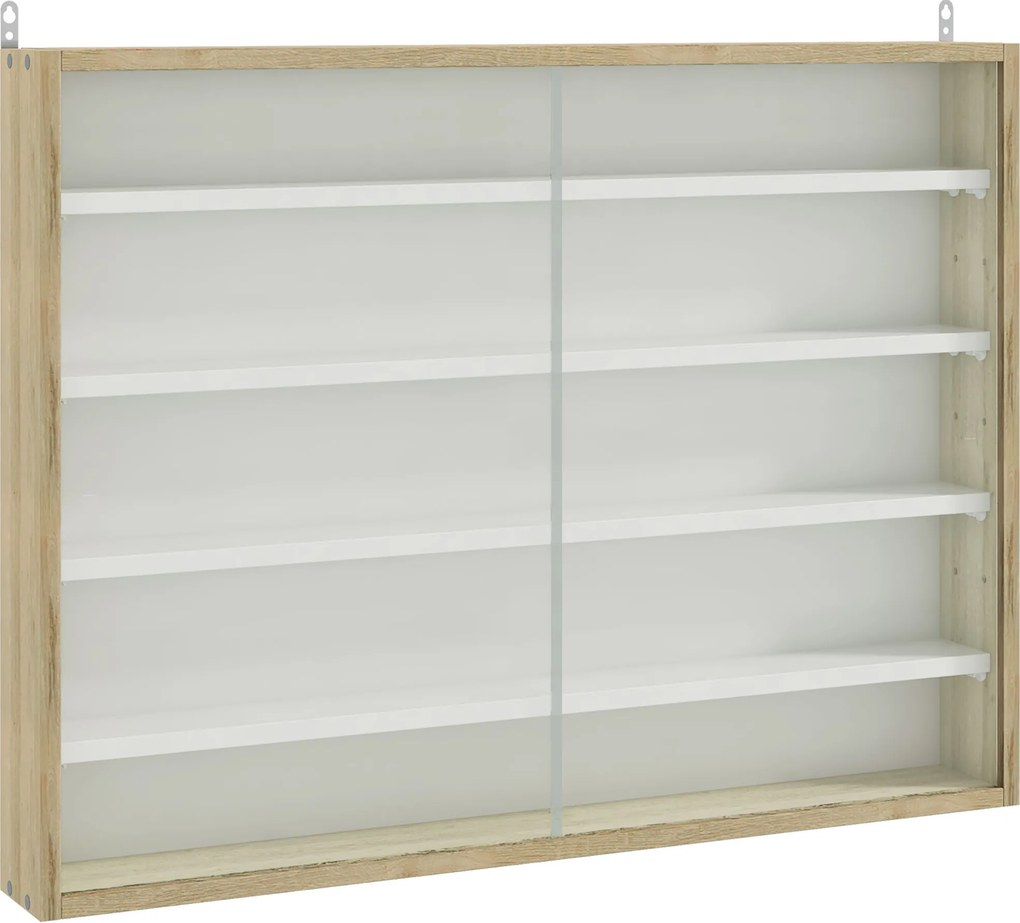 Vitrine de Parede de Madeira com Prateleiras Ajustáveis e 2 Portas Corredeiras de Vidro para Coleções Perfumes 80x9,5x60cm Madeira e Branco