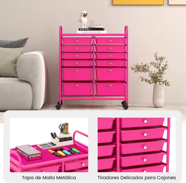 Carrinho auxiliar com rodas e 12 gavetas empilháveis 64 x 38 x 75 cm com estrutura metálica para cozinha, escritório e casa de banho Rosa