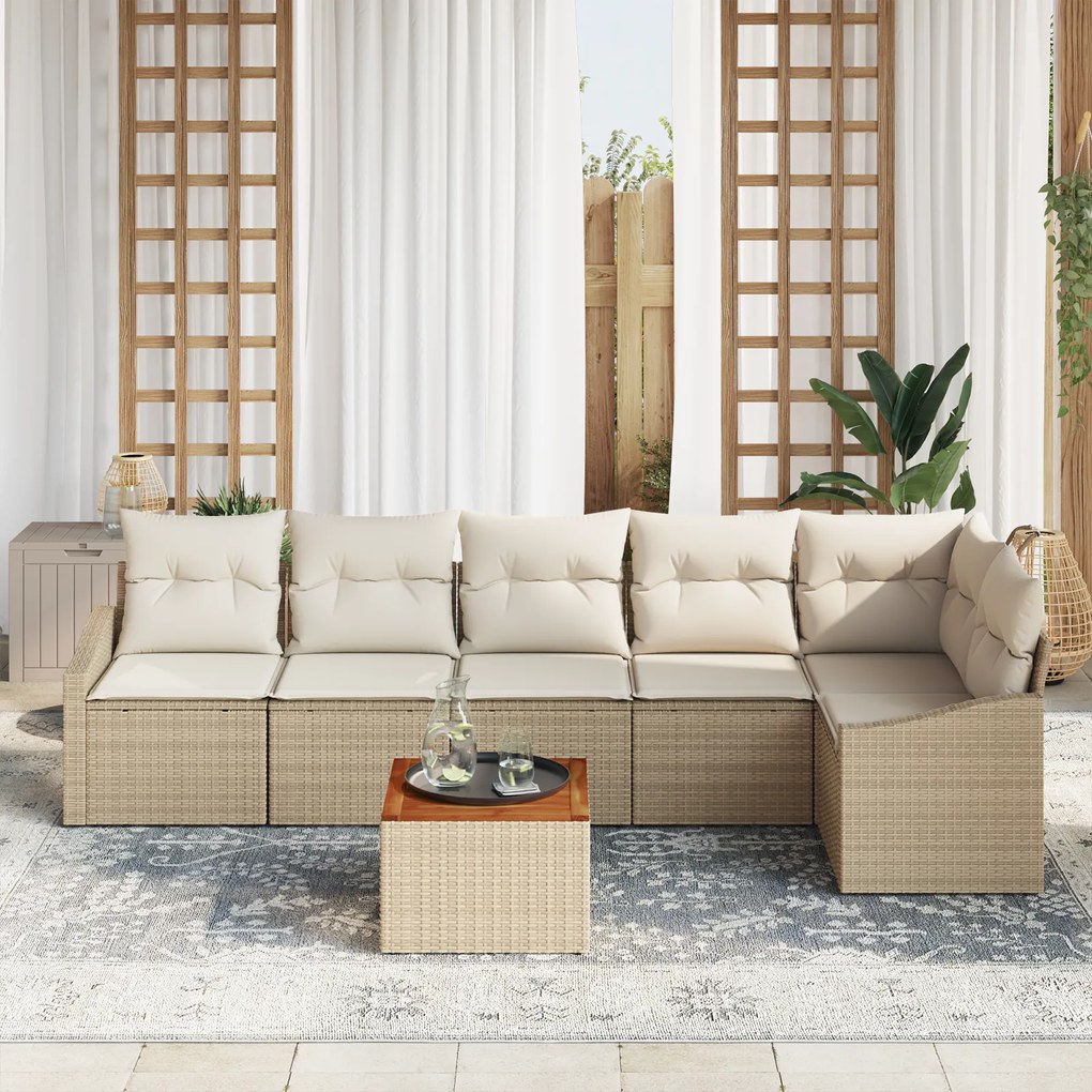 Conjunto de Sofá de Jardim de 7 Peças com Almofadas Bege de Vime Sinté