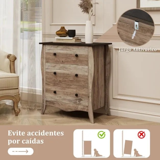 Cómoda de 3 gavetas dobrável em tecido para quarto Cómoda de estilo campestre 67,5 x 38,5 x 76,5 Castanho