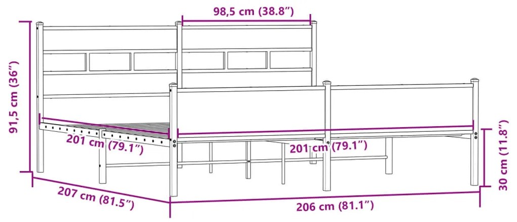 Estrutura de cama sem colchão 200x200cm metal carvalho sonoma