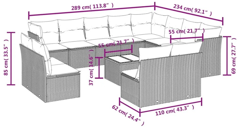 13 pcs conjunto sofás p/ jardim c/ almofadões vime PE castanho