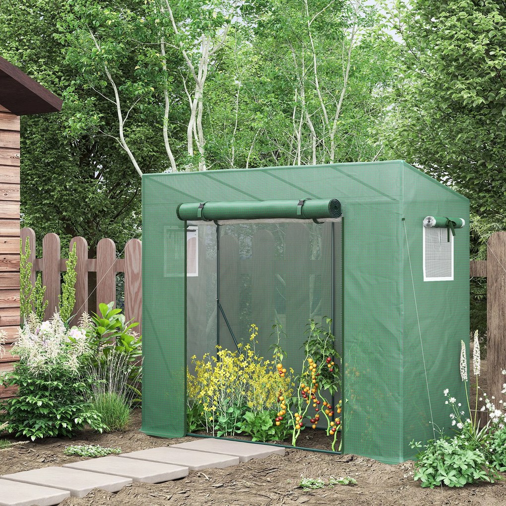 Estufa de jardim com proteção UV, 2 janelas com redes mosquiteiras + barras de reforço, 200 x 77 x 169 cm, aço com revestimento PE verde