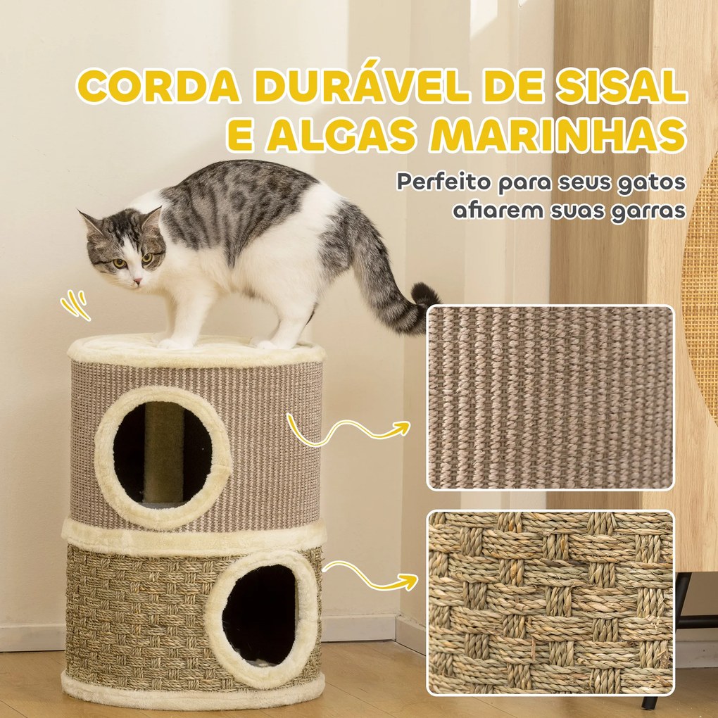 Arranhador em Forma de Cilindro para Gatos com 3 Níveis Plataforma e Caverna Confortável 37,5x37,5x70 cm Caqui e Bege