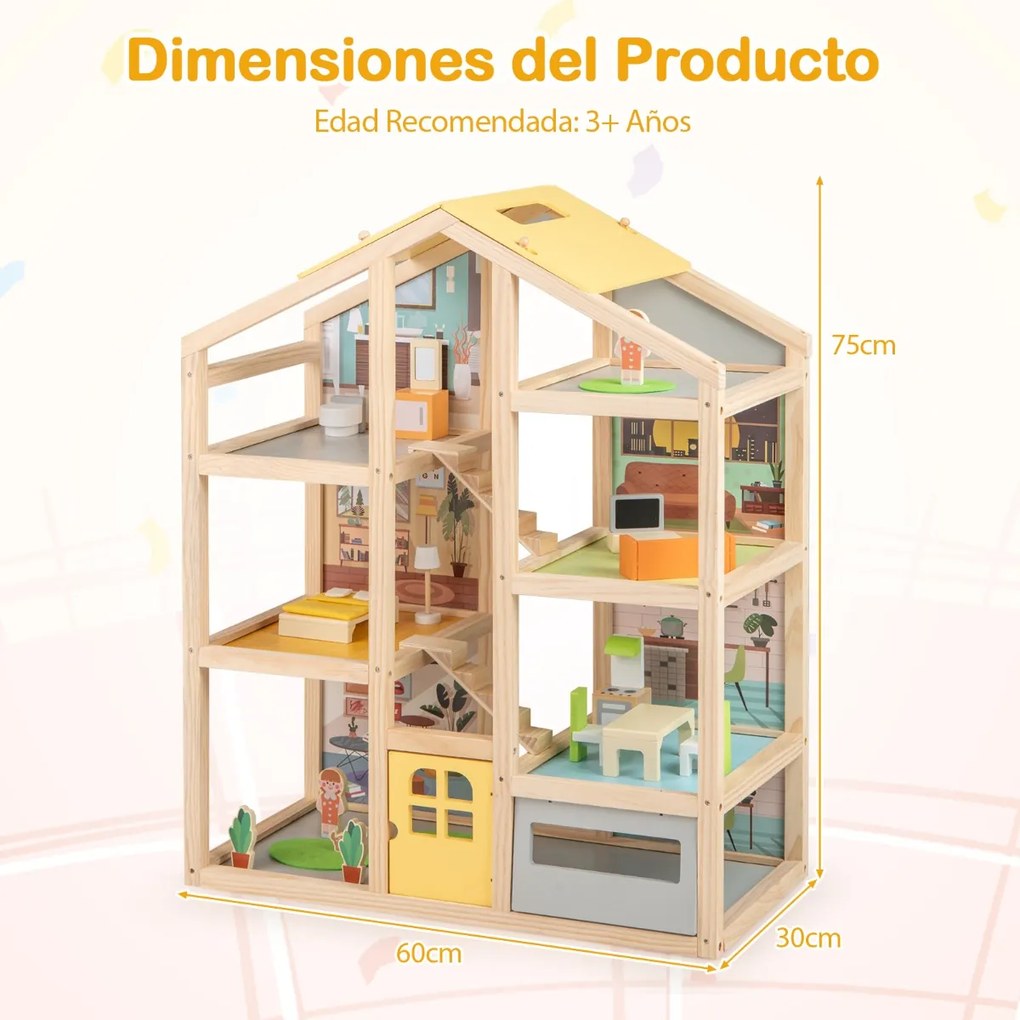 Casa de bonecas de madeira 60 x 30 x 75 cm com 7 quartos, 18 peças de mobiliário, 3 bonecos e 1 cão de estimação para maiores de 3 anos natural