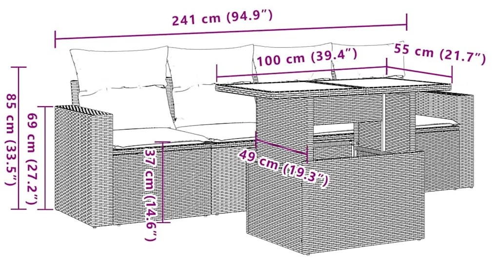 5 pcs conjunto sofás de jardim com almofadões vime PE preto