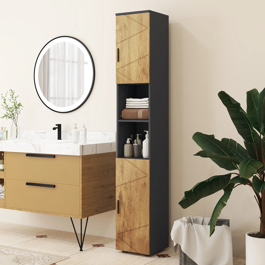 Armário de coluna para casa de banho com 2 portas 30 x 30 x 183 cm,, prateleira ajustável e 2 nichos, cor carvalho e cinzento escuro