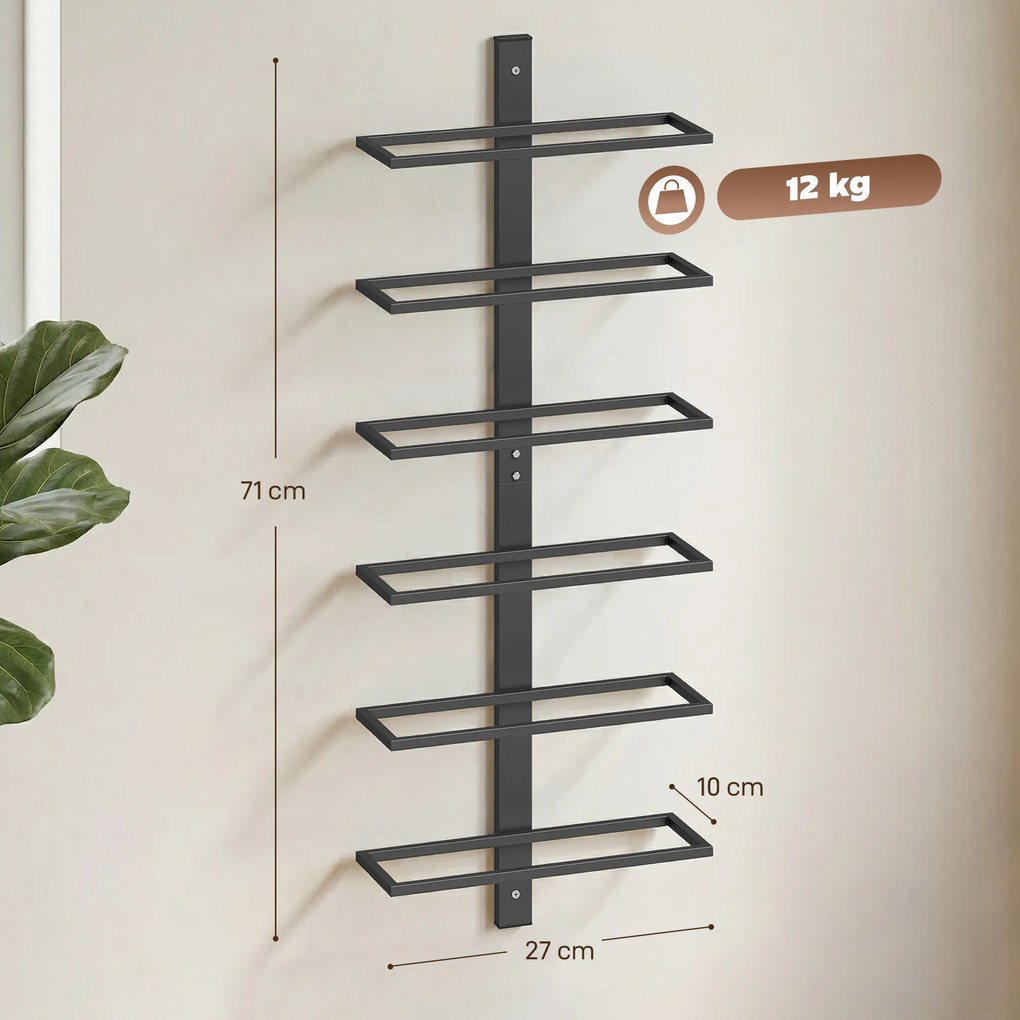 Suporte de Parede para Garrafas, 27 x 10 x 71 cm, Capacidade para 6 Garrafas, Preto