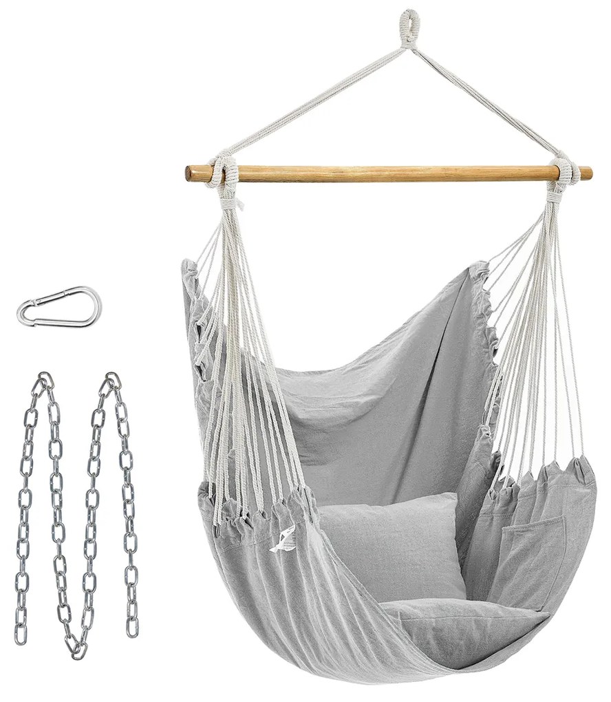 Cadeira Suspensa SONGMICS GDC187G01, Cadeira Suspensa com 2 Almofadas, Corrente de Metal, Carga Máxima 150 kg, Uso Interno e Externo, Sala de Estar, Quarto, Cinza