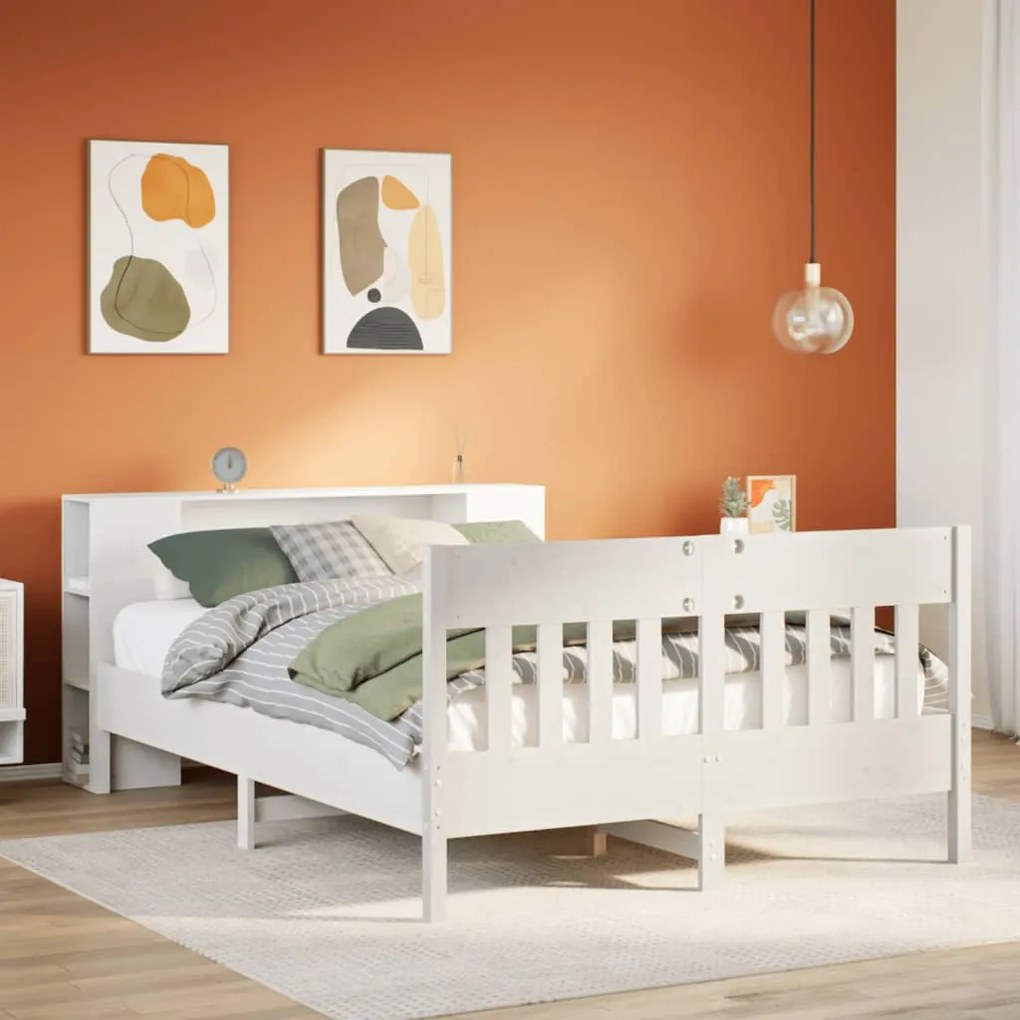 Cama com estante sem colchão 140x200 cm pinho maciço branco