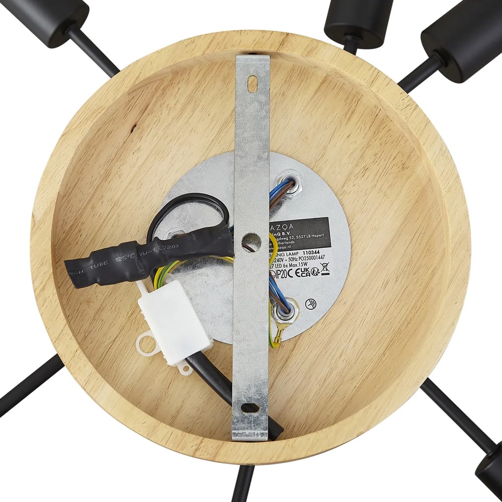 Plafón Art Déco Preto com Madeira 6-Luzes - Sydney