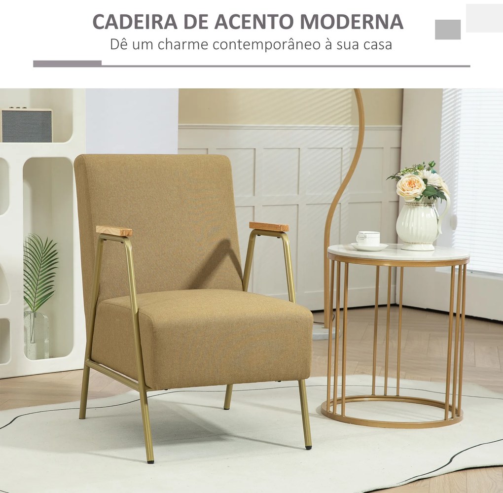 Poltrona Individual com Apoios de Braços Estrutura em Aço Dourado Estilo Moderno para Sala Quarto 62x81x92 cm Castanho