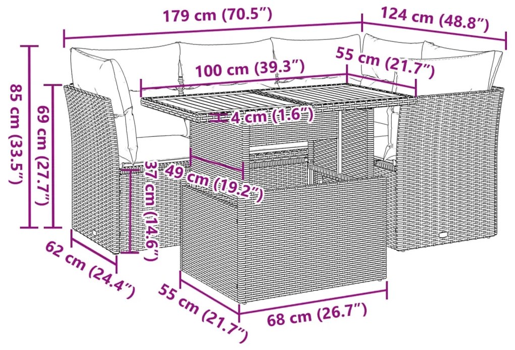 5 pcs conjunto sofás de jardim c/ almofadões vime PE cinzento