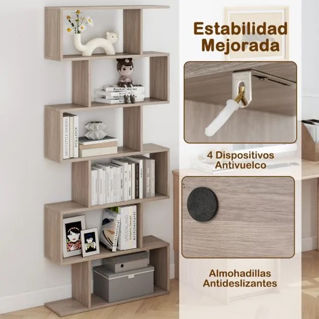 Estante de livros 80 x 23 x 191 cm de 6 níveis em forma de S de madeira para escritório ou sala de estar Cinzento