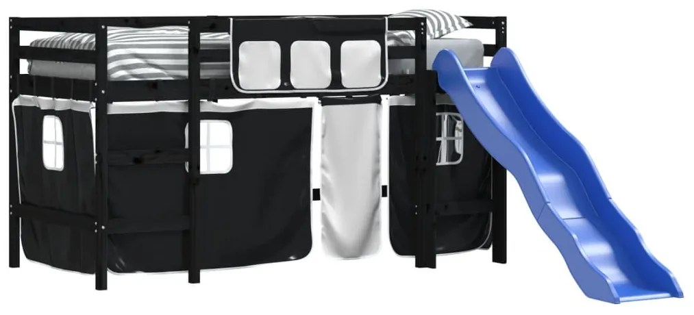 Cama alta criança c/ cortina 80x200cm pinho maciço branco/preto