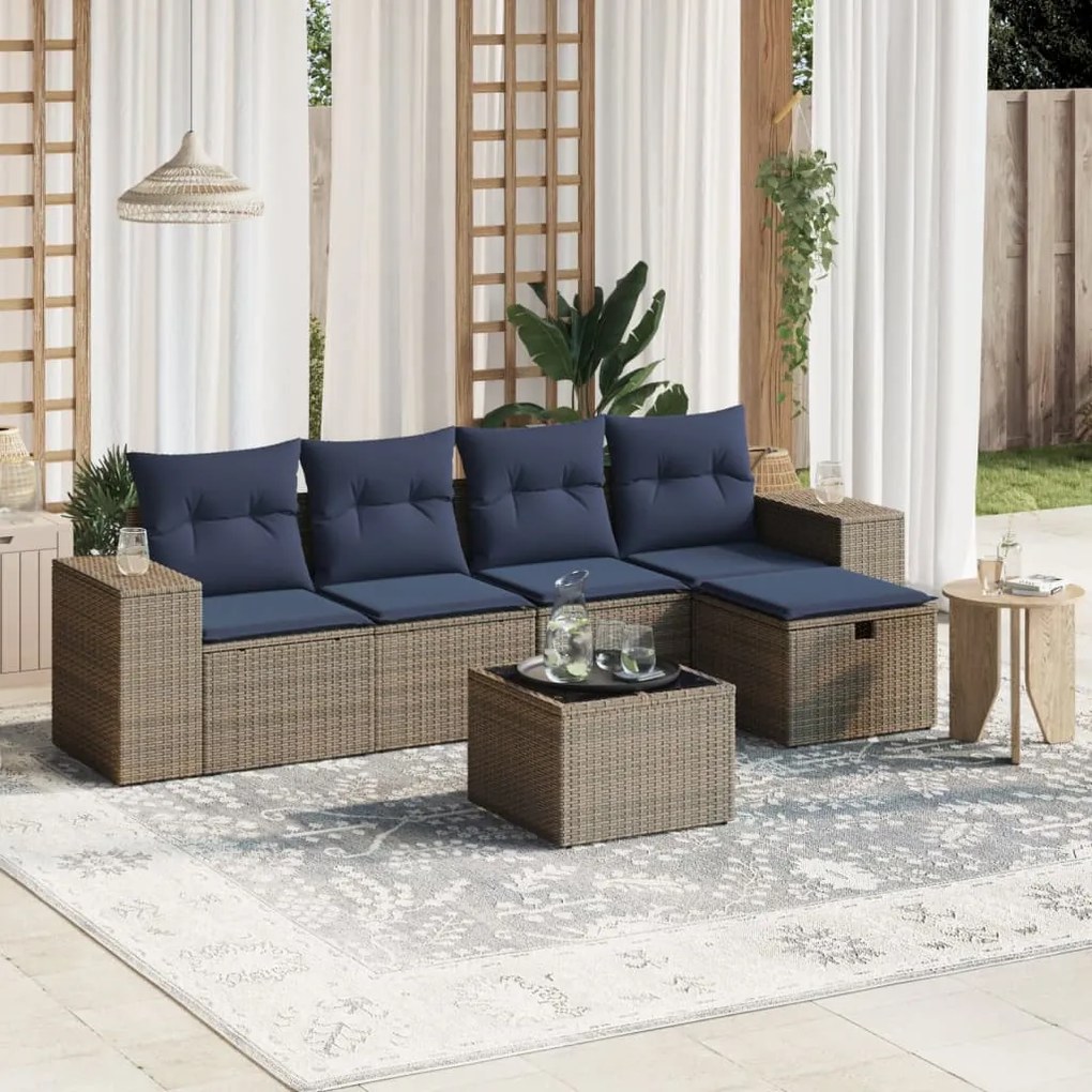 6 pcs conjunto sofás de jardim com almofadões vime cinzento