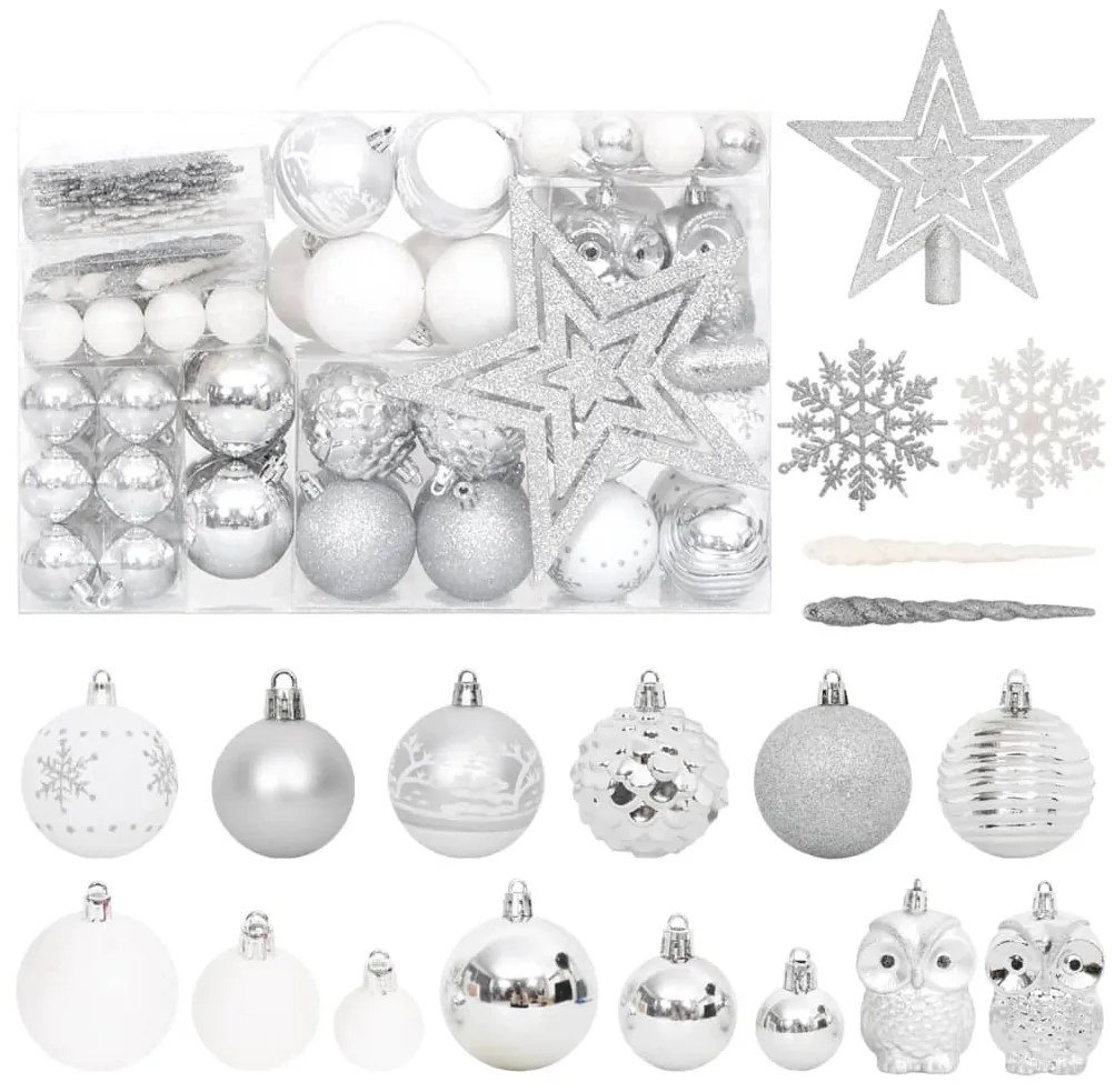 108 pcs conjunto de enfeites de Natal prateado e branco