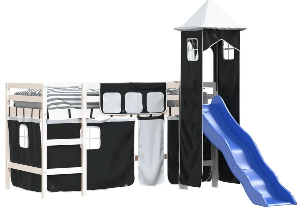 Cama alta criança c/ torre 90x200 cm pinho maciço branco/preto