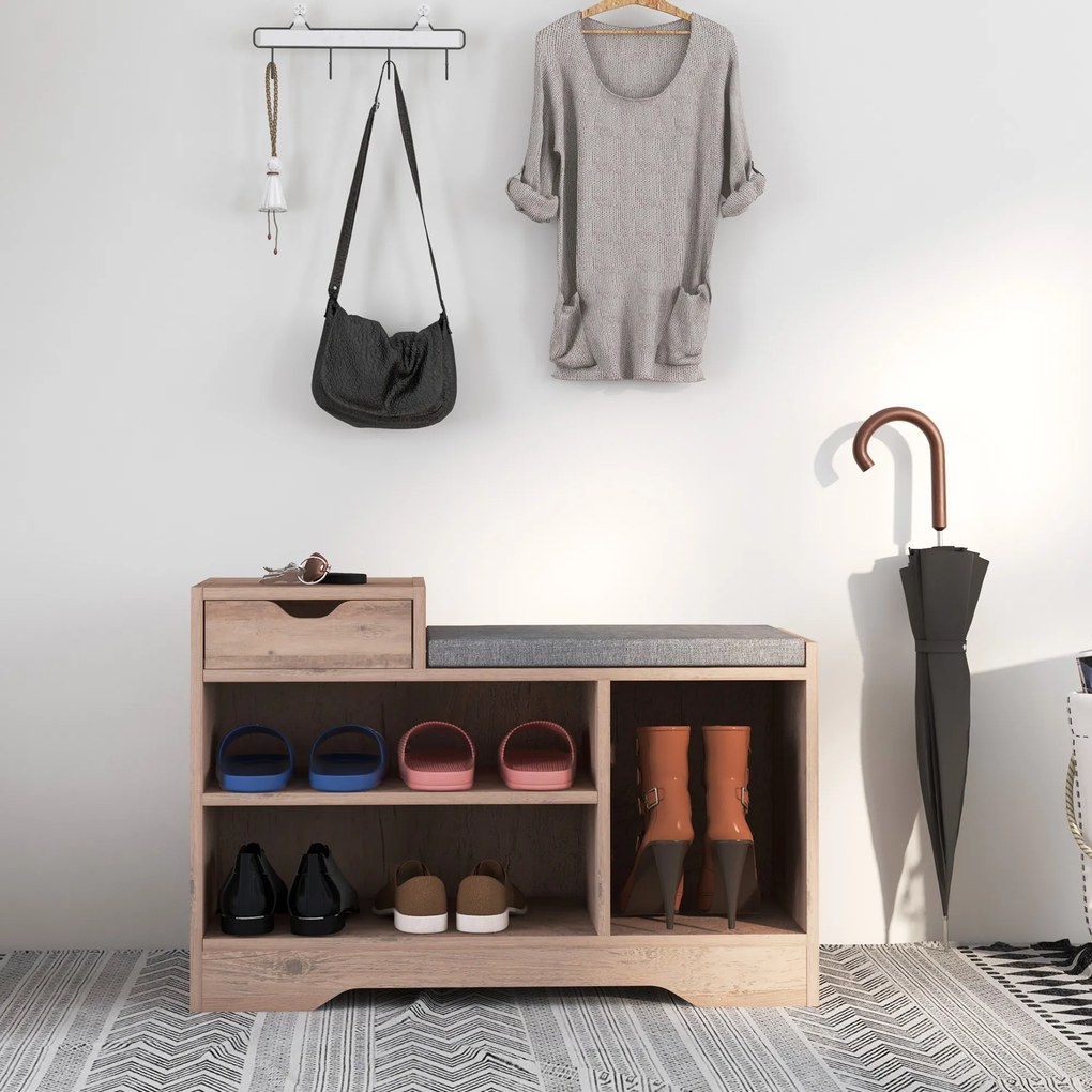 Banco para sapatos com 1 gaveta e 3 compartimentos, com almofada estofada com capacidade para 5 pares, 76,5 x 30 x 52 cm, cinzento