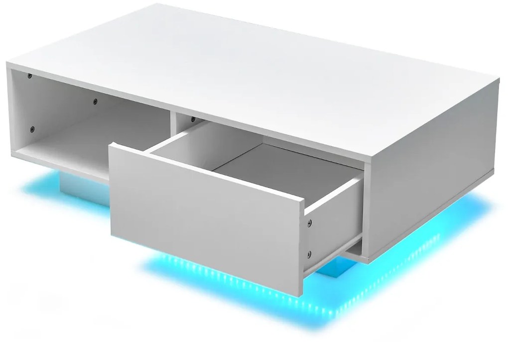 Mesa de centro com luzes LED, gaveta com controlo remoto e estante aberta retangular moderna para sala de estar 95 x 55 x 31 cm Branco