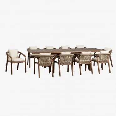 Conjunto De Mesa Retangular Extensível 200-260-320x100 Cm E 10 Cadeiras De Jardim Com Apoios De Braços Em Madeira De Acácia Duba Tecido Gardénia Branc