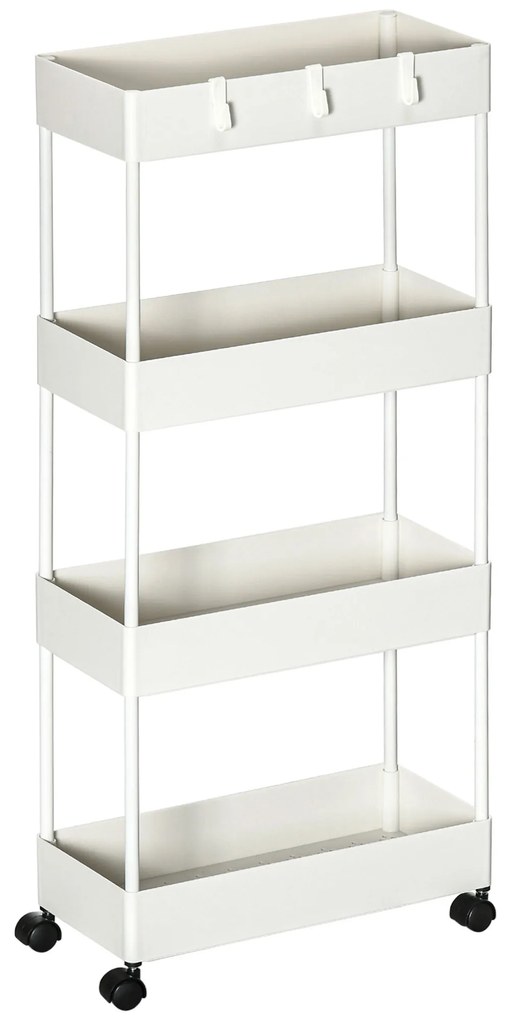 Carrinho Auxiliar com Rodas Carrinho de Armazenamento com 4 Cestas e 4 Ganchos Amovíveis 40x19x90 cm Branco