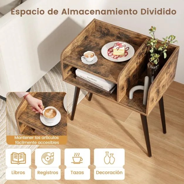 Mesa de cabeceira, Mesa de apoio moderna de meados do século de 2 níveis 50 x 32 x 58 cm Castanha