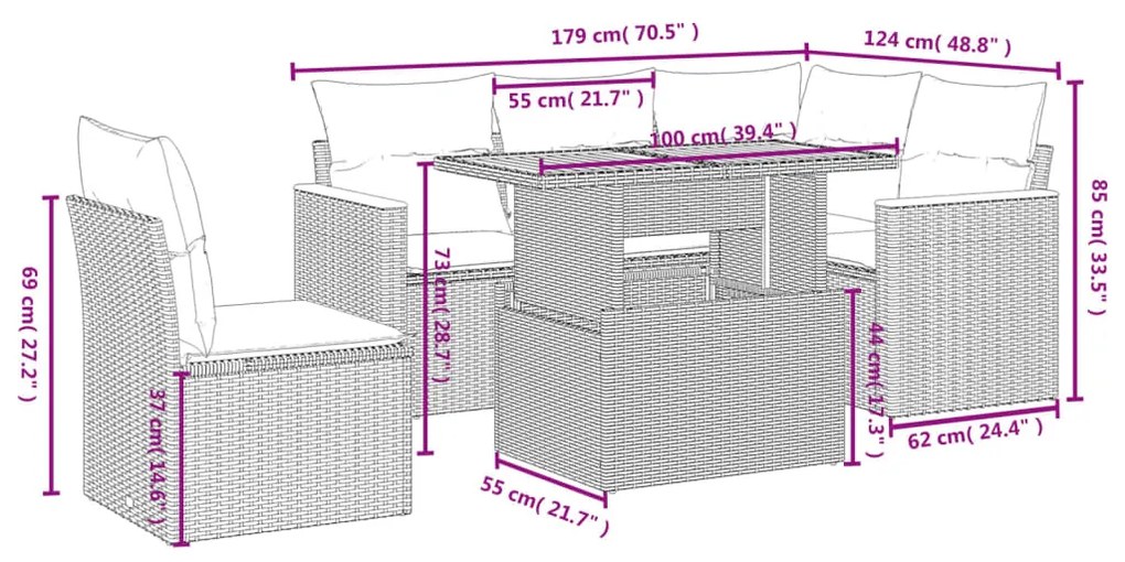 6 pcs conjunto sofás de jardim c/ almofadões vime PE preto