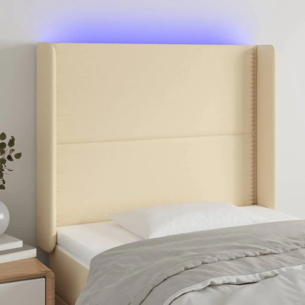 Cabeceira de cama c/ luzes LED tecido 83x16x118/128cm cor creme