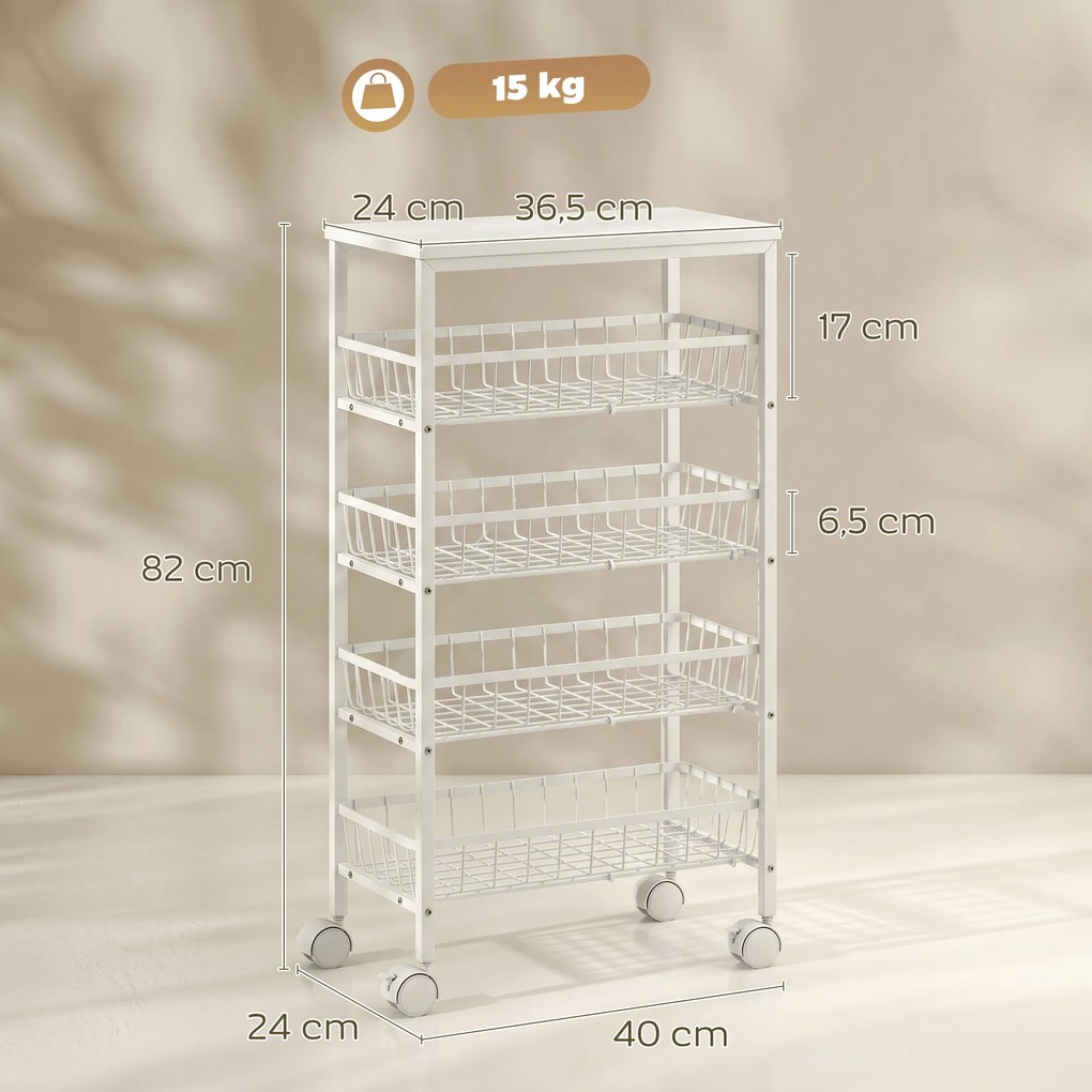 Carrinho Auxiliar com Rodas com 4 Cestos Amovíveis Carga até 15 kg Estrutura Metálica para Sala de Jantar e Casa de Banho 40x24x82 cm Branco