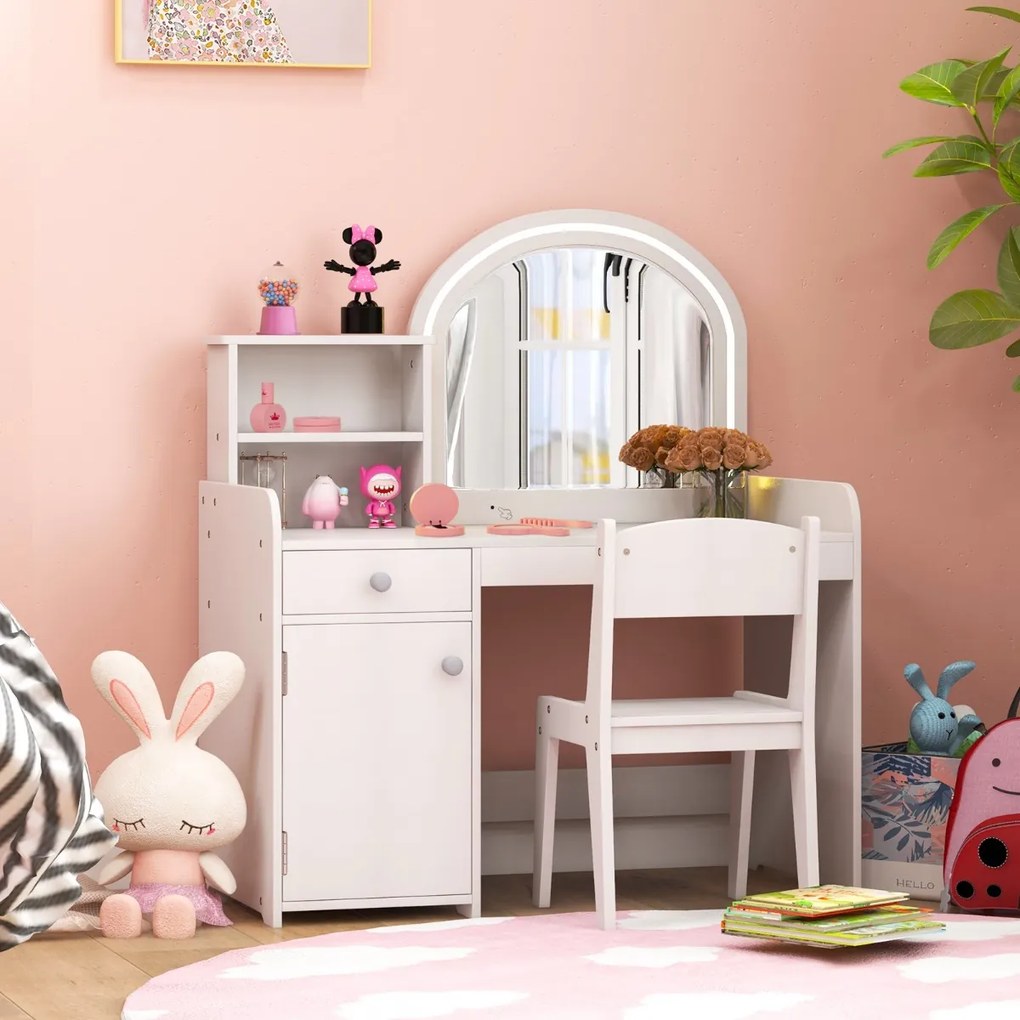 Conjunto de Toucador e Cadeira para Crianças a partir dos 3 anos com Estantes Armário com Gavetas 2 Cores Luzes LED Espelho em Acrílico Blanco